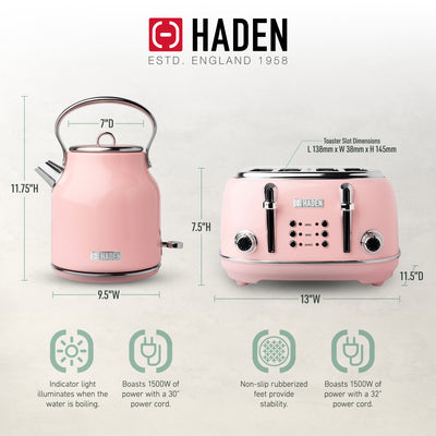 Haden Heritage Electric Water Kettle & 4 Slice Wide Slot Toaster, English Rose - VMInnovations