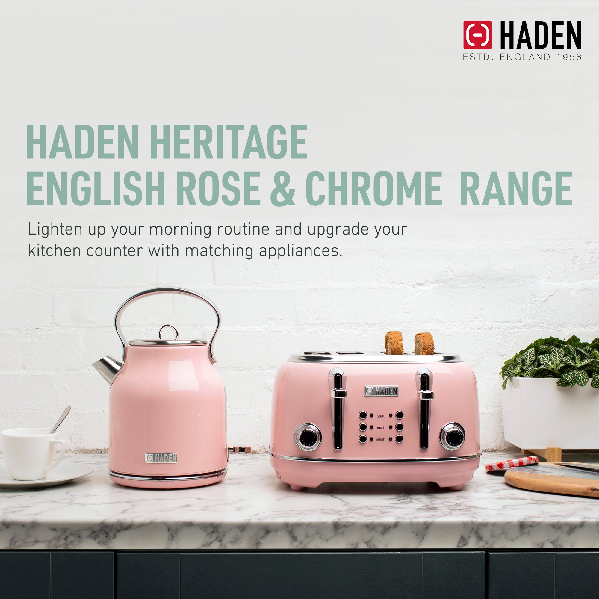 Haden Heritage Electric Water Kettle & 4 Slice Wide Slot Toaster, English Rose - VMInnovations