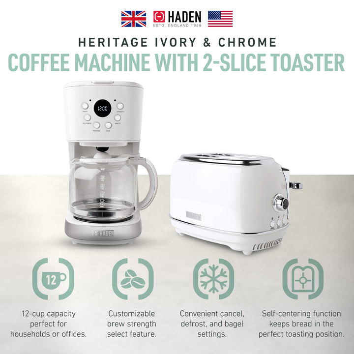 Haden 12 Cup Coffee Maker with 2 Slice Wide Stainless Steel Bread Toaster, White