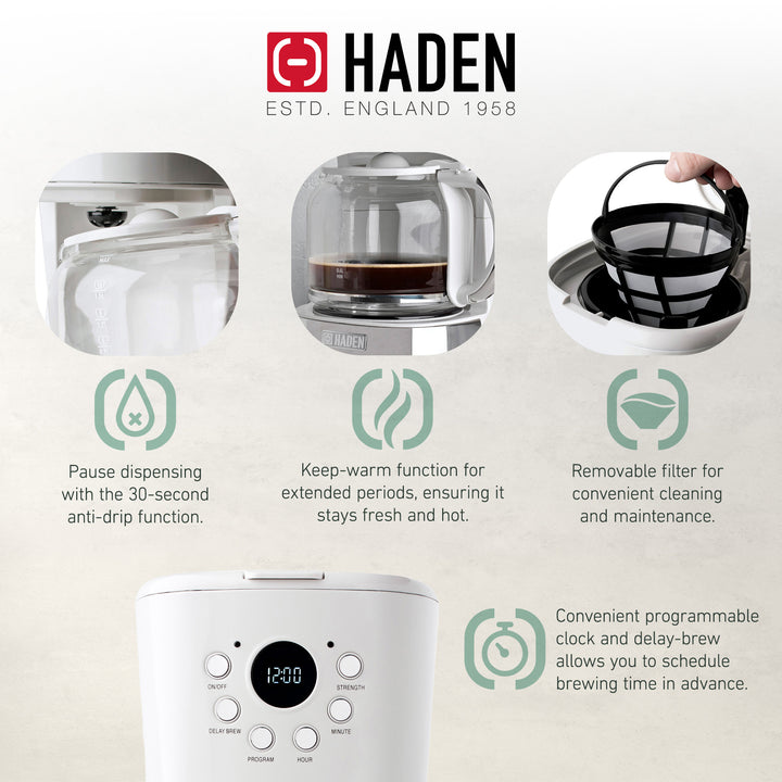 Haden 12 Cup Coffee Maker with 2 Slice Wide Stainless Steel Bread Toaster, White