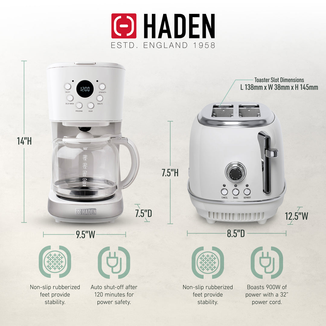 Haden 12 Cup Coffee Maker with 2 Slice Wide Stainless Steel Bread Toaster, White