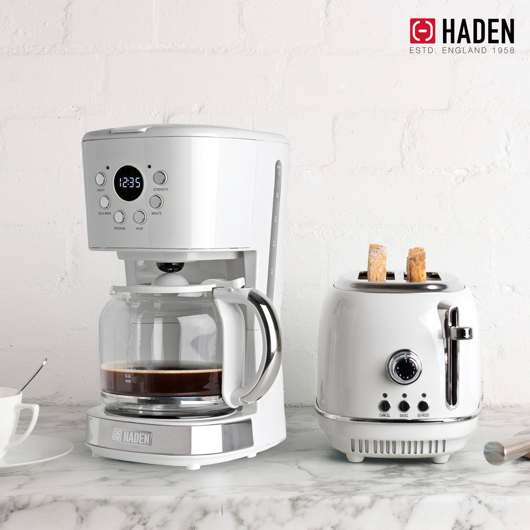 Haden 12 Cup Coffee Maker with 2 Slice Wide Stainless Steel Bread Toaster, White