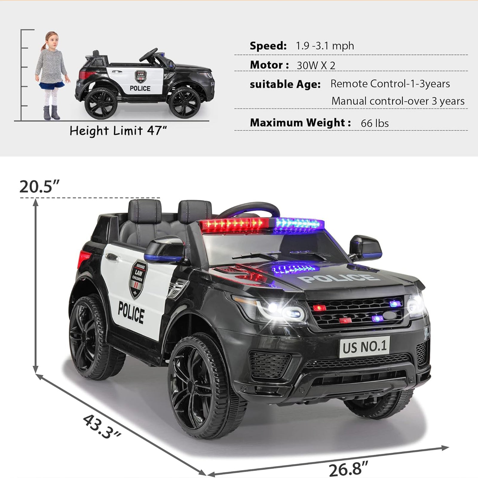 TOBBI 12 Volt Battery Powered Ride On Police SUV for Kids Ages 3 Years, Black - VMInnovations