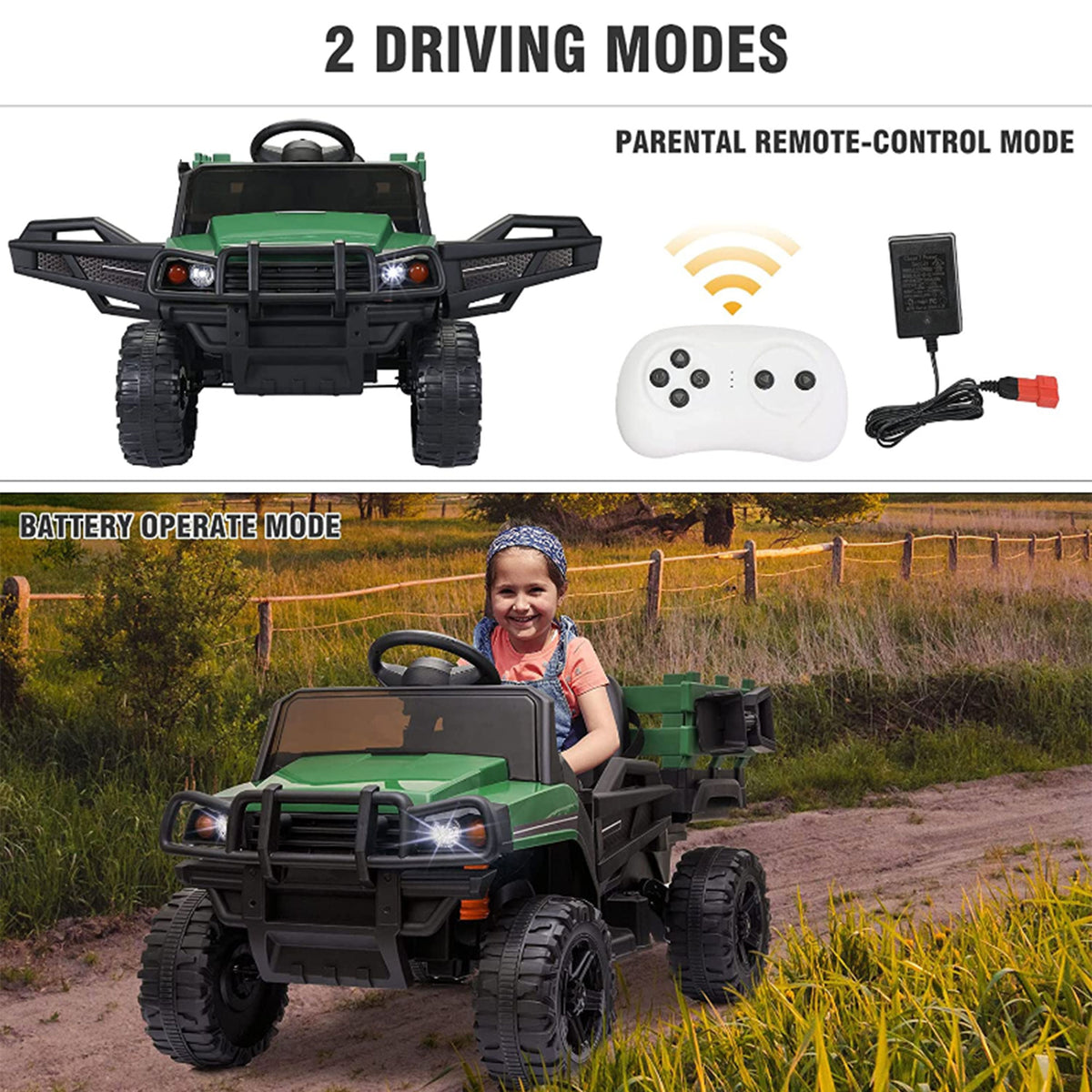 TOBBI Kids Battery Ride On Toy Tractor w/Remote Control, Army Green (Open Box)
