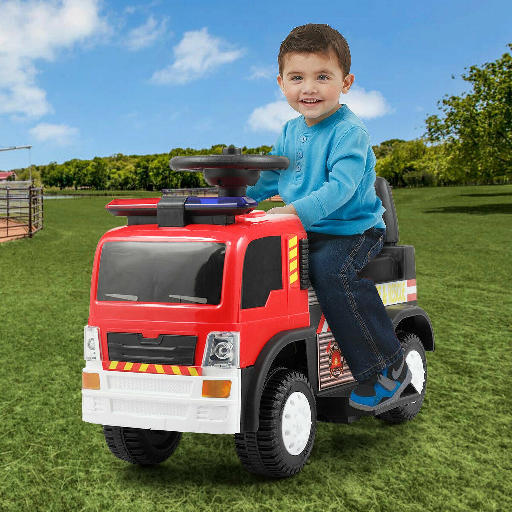 TOBBI 6 Volt Battery Powered Ride On Electric Fire Truck for Ages 3 Years & Up - VMInnovations