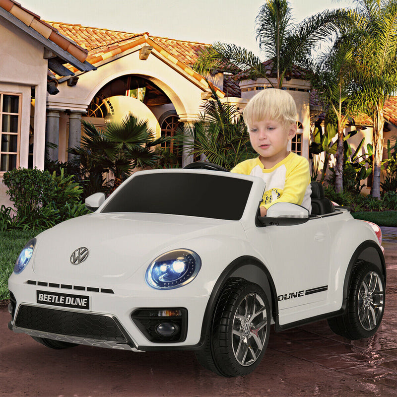 TOBBI 12V Kids Rechargeable Battery Ride On Volkswagen Beetle Car with RC, White