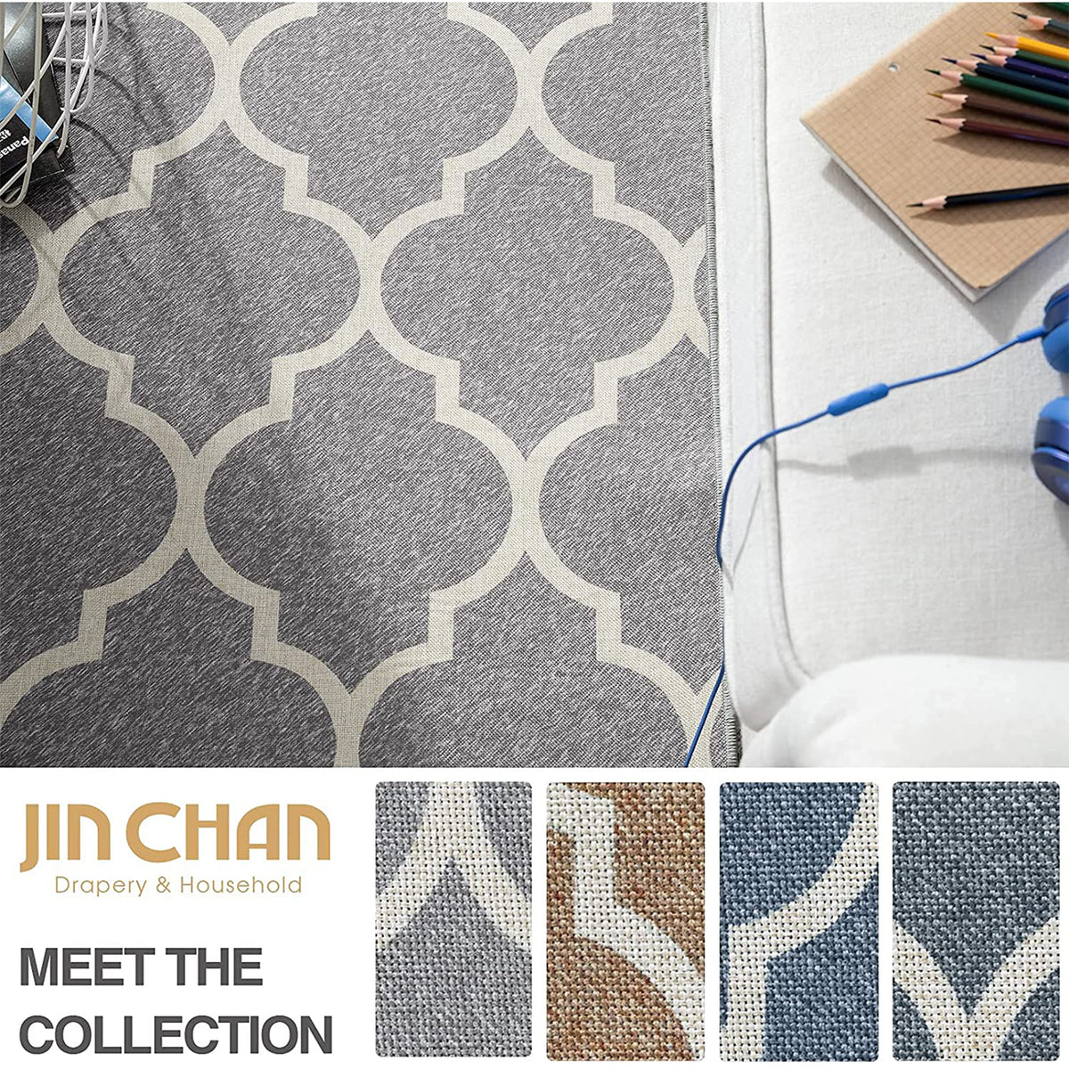 JINCHAN Linen 5 x 7 Foot Geometric Moroccan Quatrefoil Area Rug, Heathered Gray