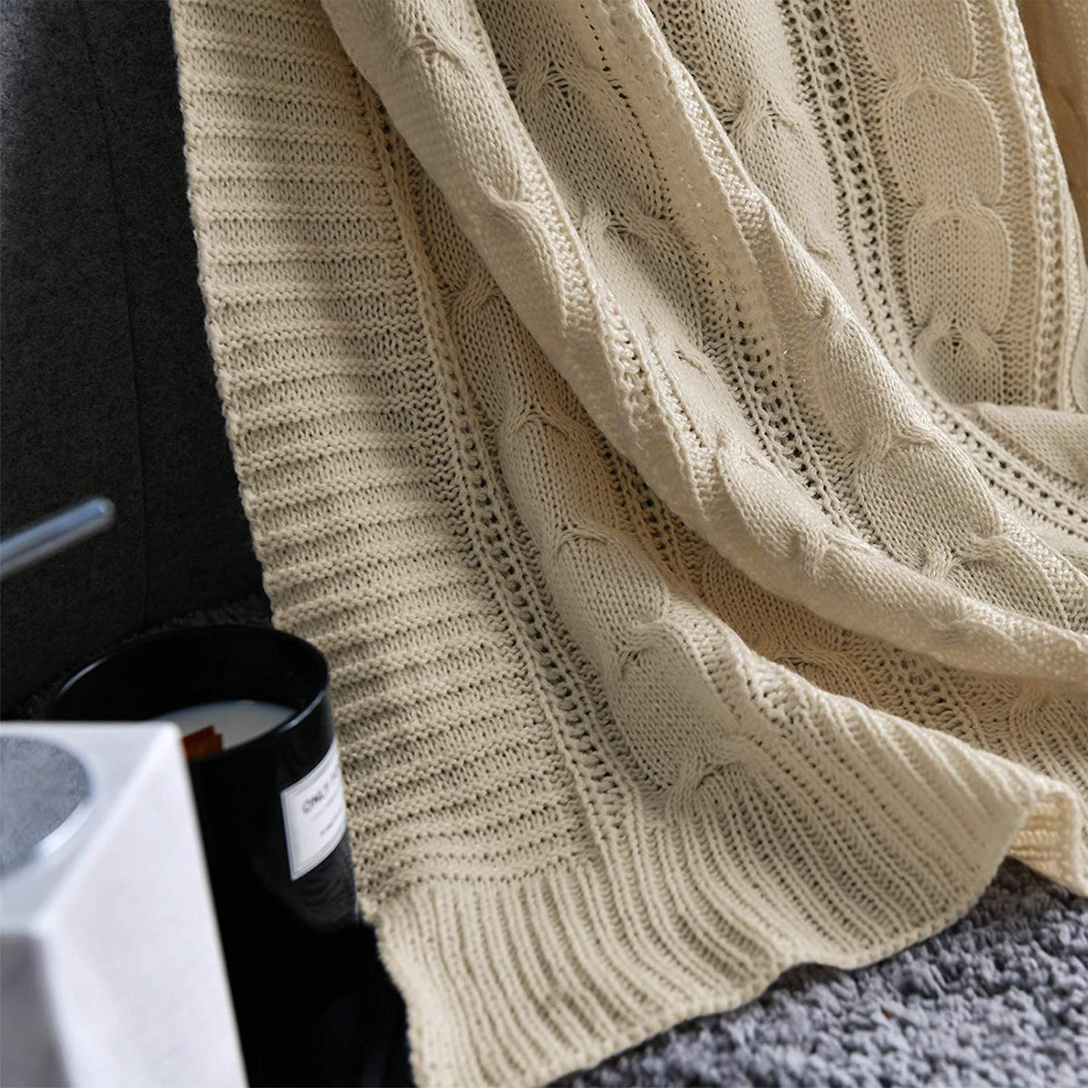 JINCHAN 60 x 50 Inch Lightweight Cable Knit Sweater Style Throw Blanket (Used)