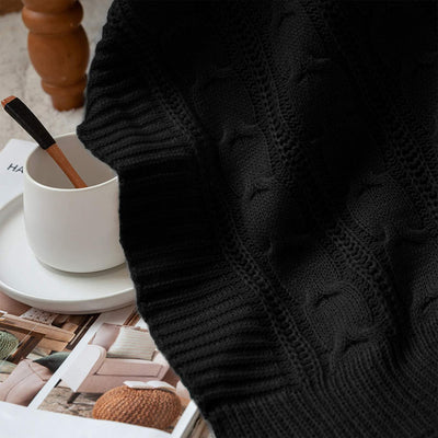 JINCHAN 60 x 50 Inch Lightweight Cable Knit Sweater Style Throw Blanket, Black