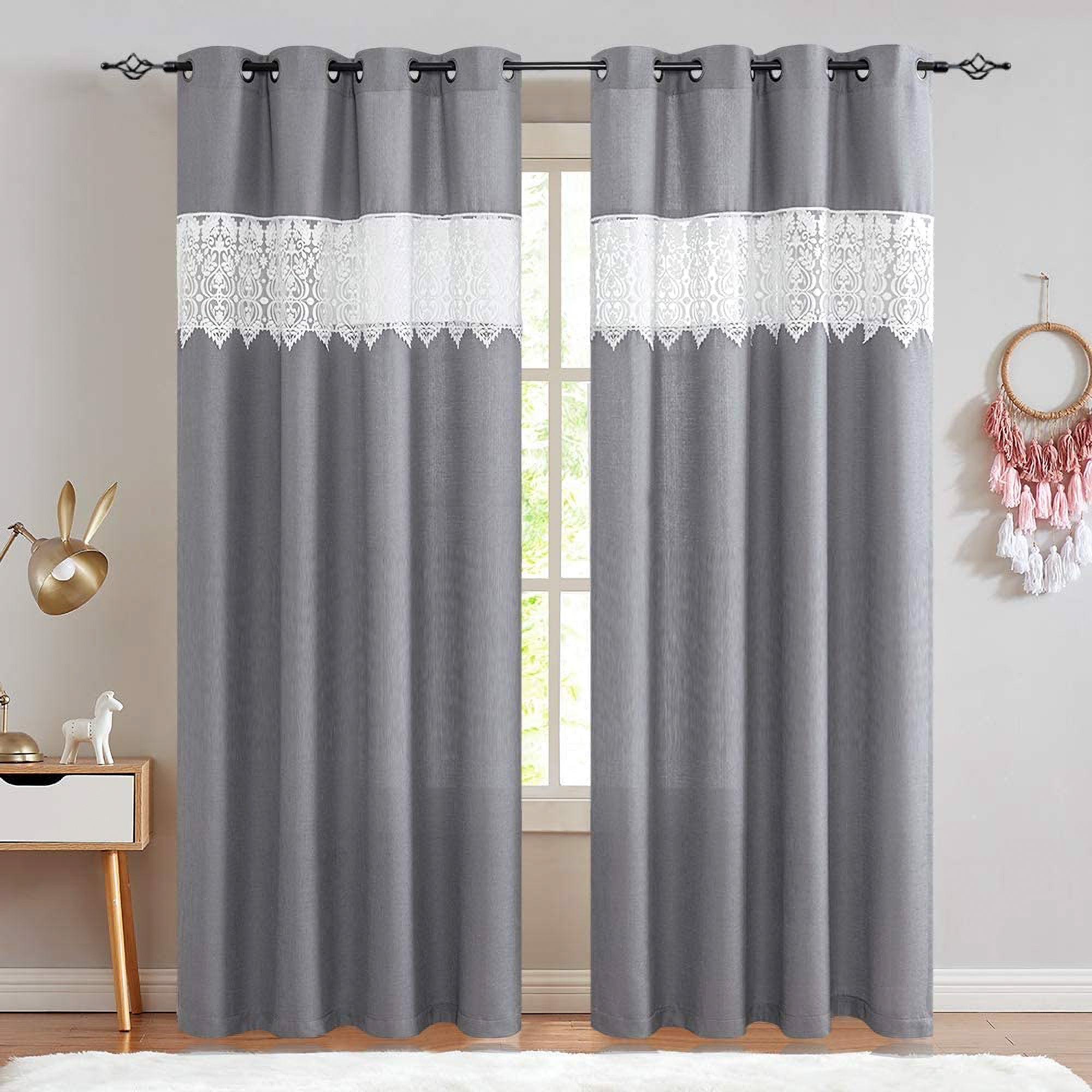 JINCHAN Semi Sheer 54 x 95" Grommet Floral Embroidery Curtains, Gray (Open Box)