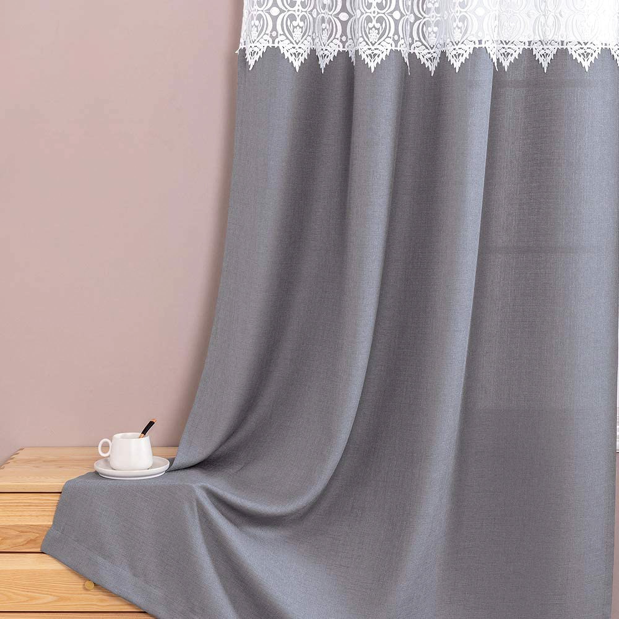 JINCHAN Semi Sheer 54 x 95" Grommet Floral Embroidery Curtains, Gray (Open Box)