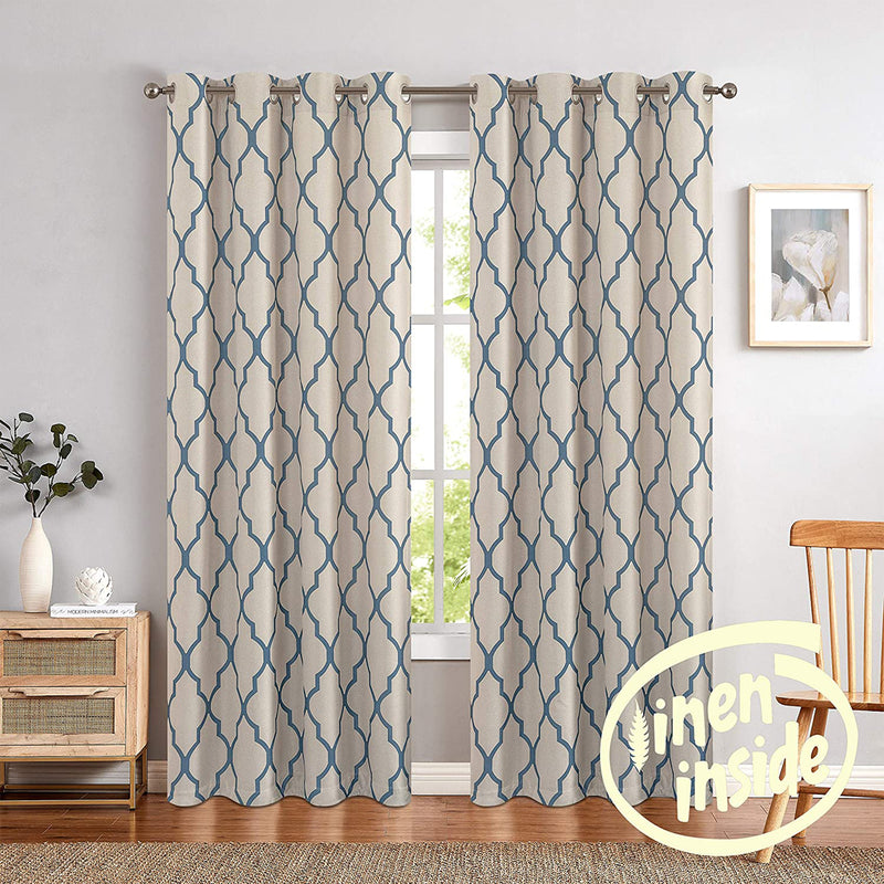 JINCHAN 52 x 45 Inch Grommet Moroccan Tile Flax Linen Curtains, Grey (2 Panels)