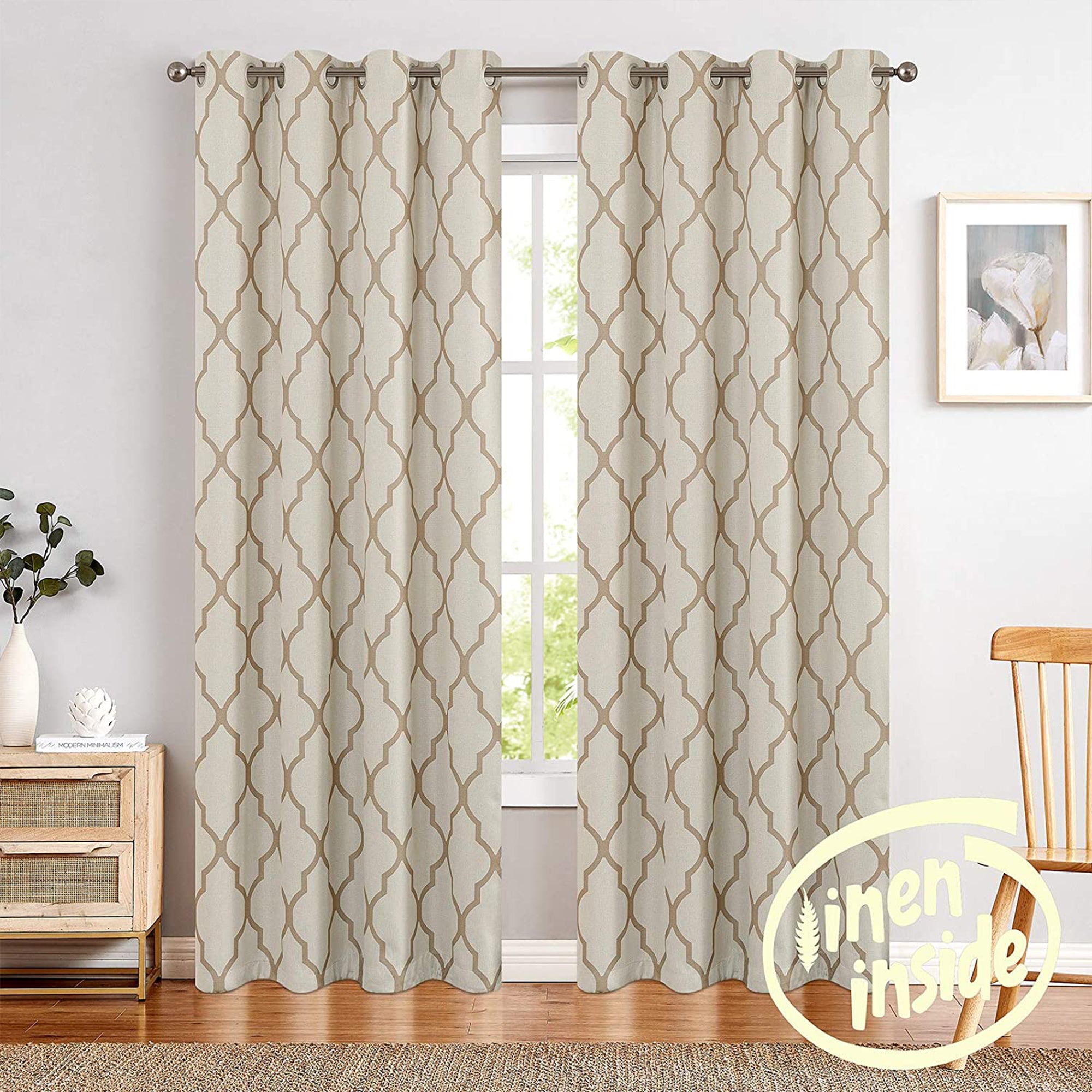 JINCHAN 52 x 95" Moroccan Tile Flax Linen Curtains, Taupe (2 Panels) (Open Box)