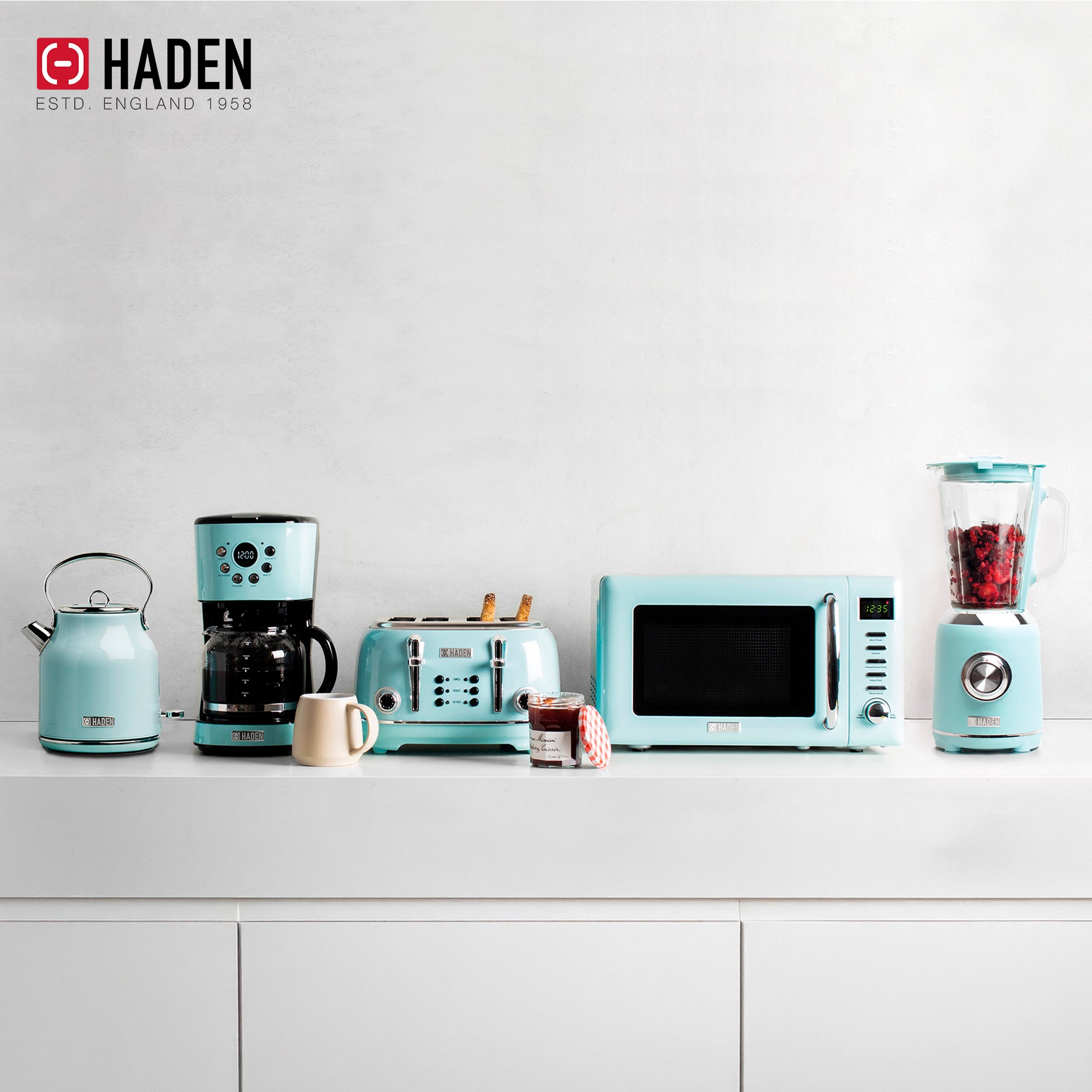 Haden Heritage Toaster, Kettle, Coffee Maker, Microwave, and Blender Set, Blue