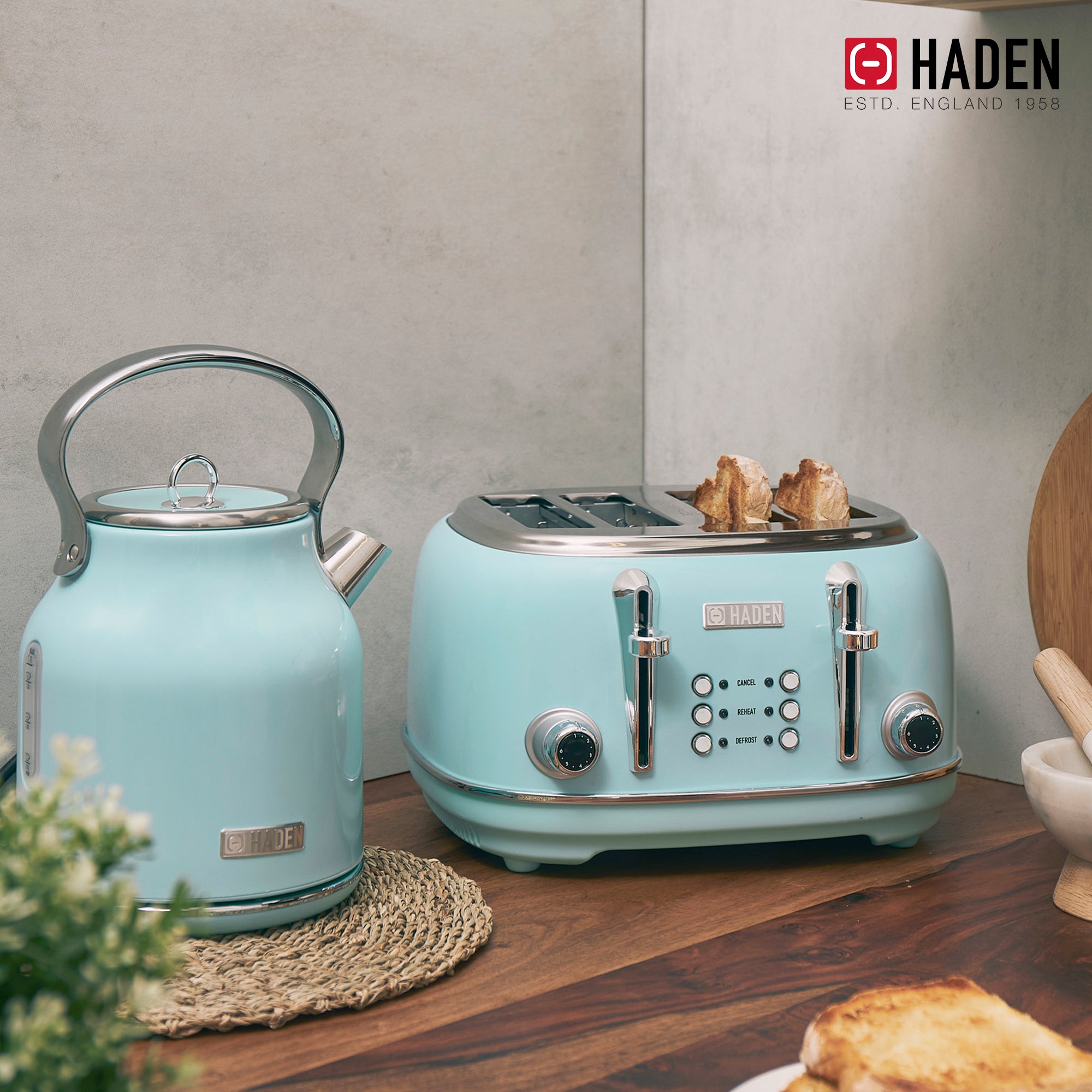 Haden Heritage Toaster, Kettle, Coffee Maker, Microwave, and Blender Set, Blue