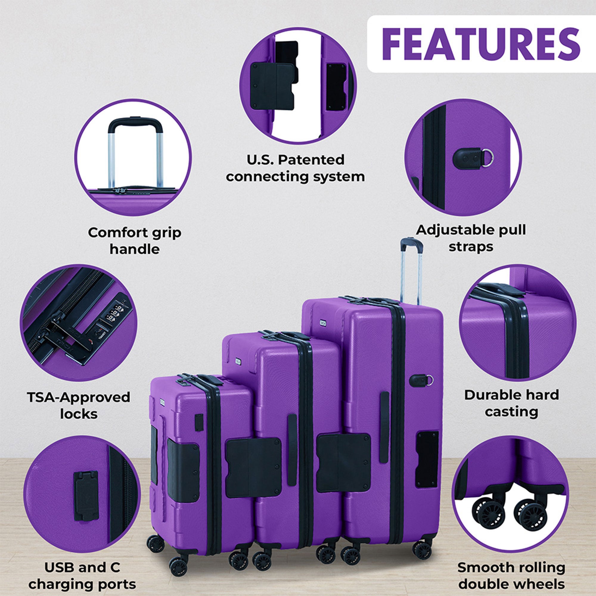 TACH V3 3 Piece Hard Shell Spinner Suitcase Luggage Set, Purple (For Parts)