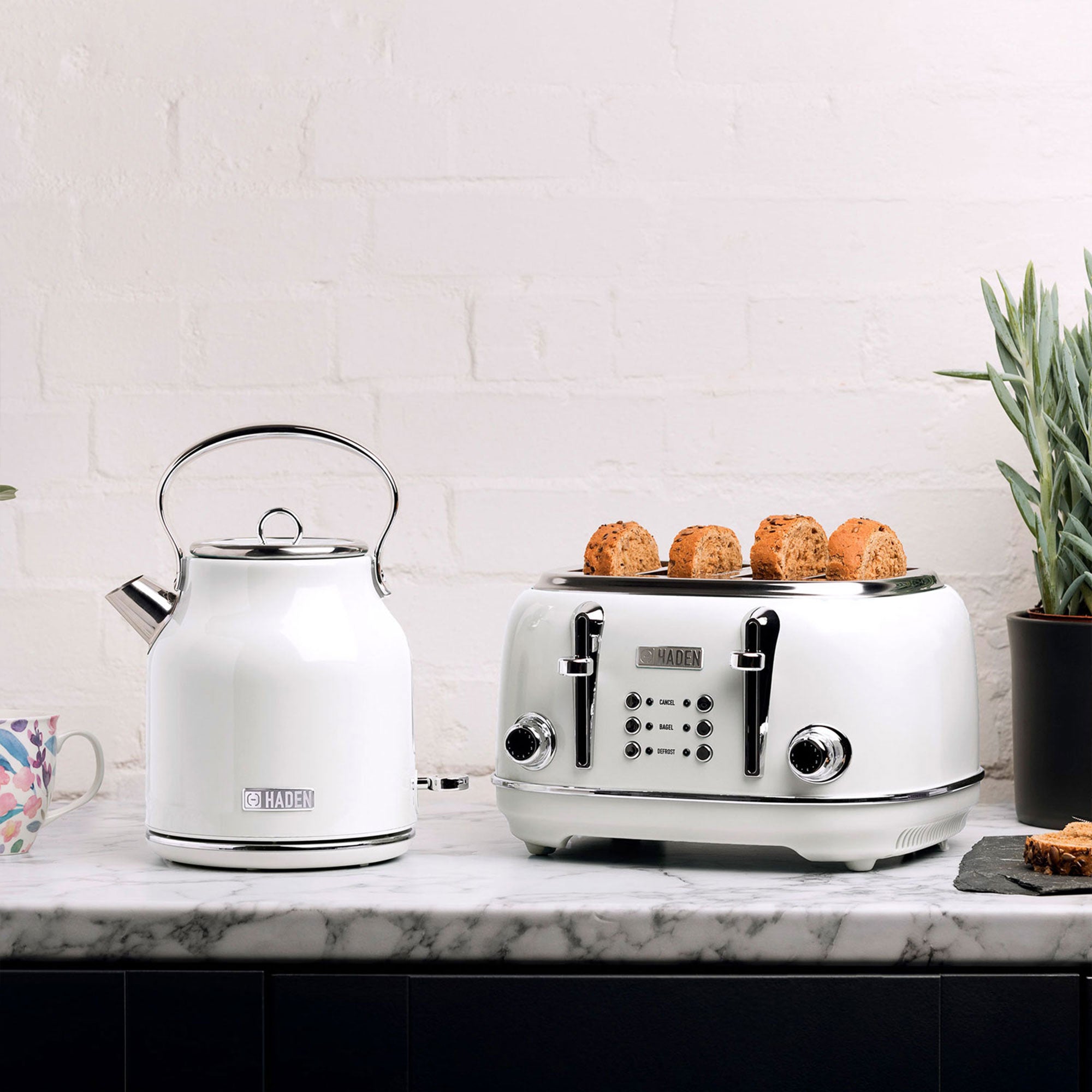 Haden Heritage Toaster, Kettle, Coffee Maker, Microwave, and Blender Set, White