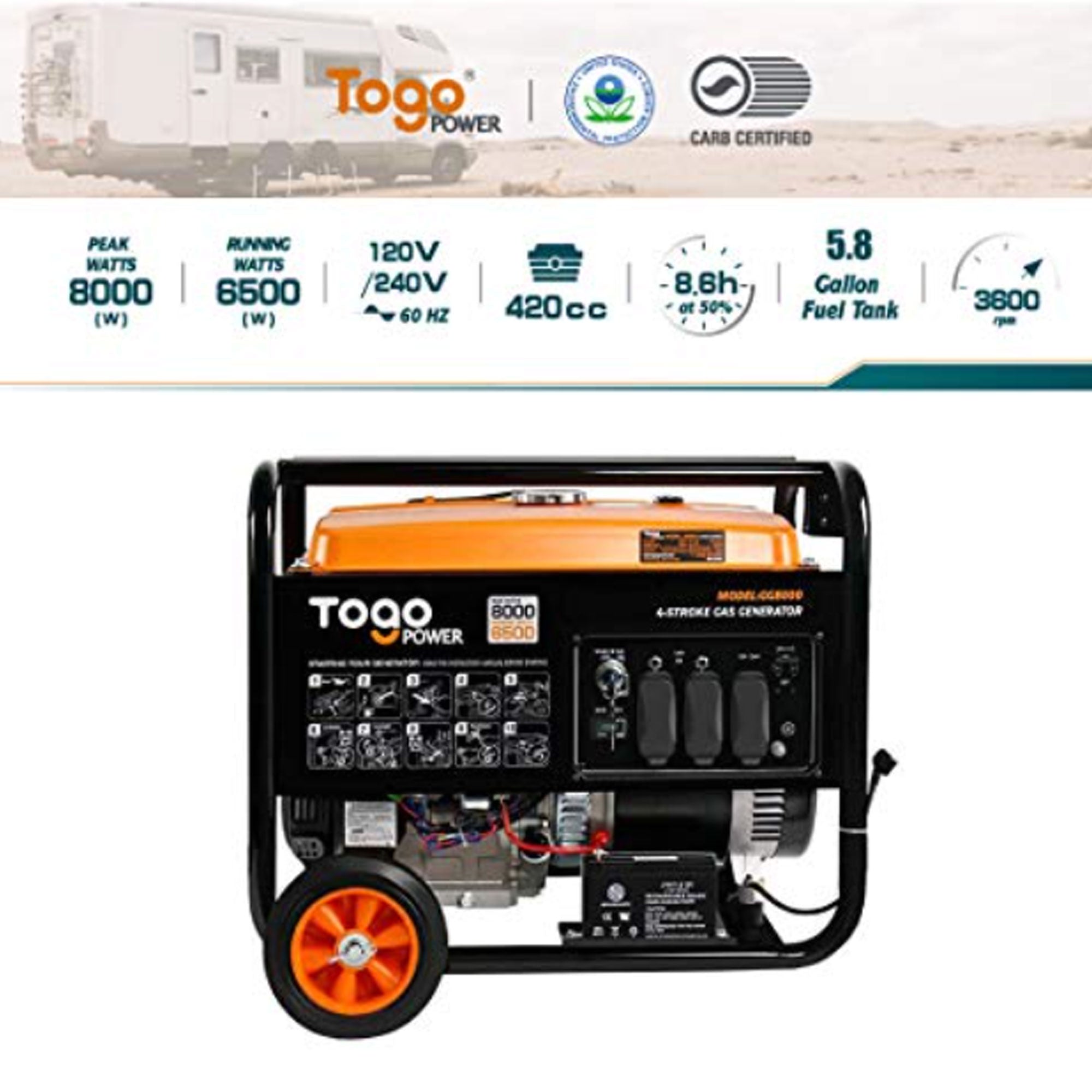 Togo Power Gasoline Powered Portable Generator 8000 Watt Remote Electric Backup - VMInnovations