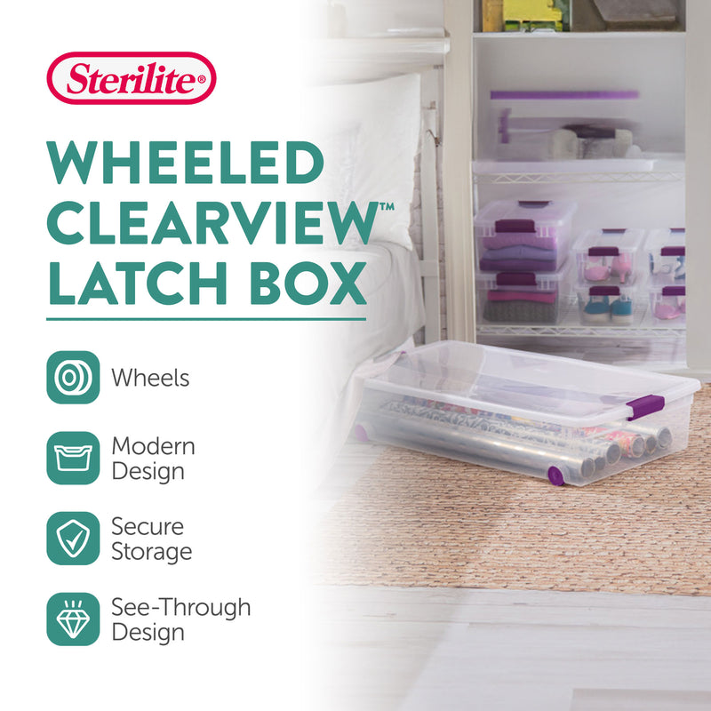 Sterilite 60 Qt ClearView Latch Wheeled Underbed Stackable Storage Box, 4 Pack