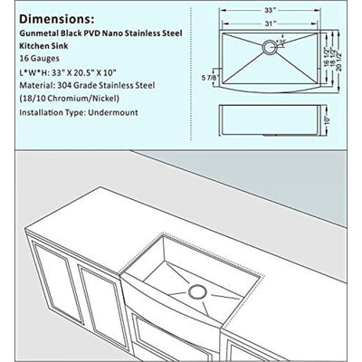 ALWEN 16ga. 33" Stainless Steel Farmhouse Kitchen Sink, Top/Undermount, Black