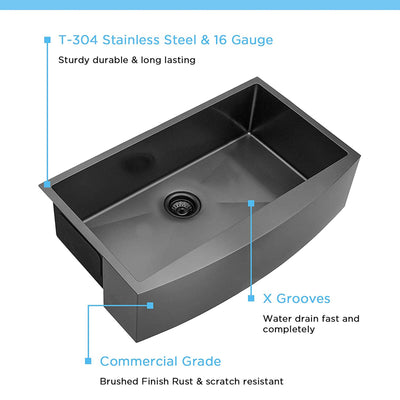 ALWEN 16ga. 36" Stainless Steel Farmhouse Kitchen Sink, Top/Undermount, Black