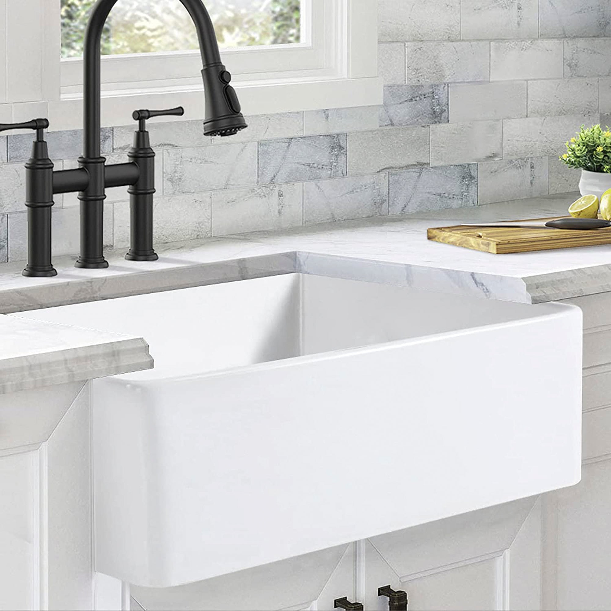 ALWEN 30 Inch Single Bowl Reversible Fireclay Farmhouse Sink, Undermount, White - VMInnovations