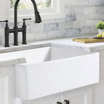 ALWEN 30 Inch Single Bowl Reversible Fireclay Farmhouse Sink, Undermount, White - VMInnovations