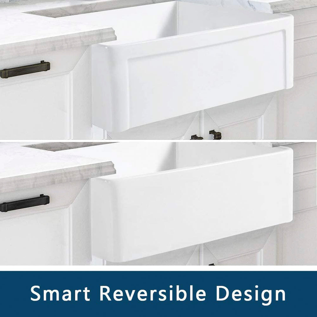 ALWEN 30 Inch Reversible Fireclay Farmhouse Sink, Undermount, White (Open Box) - VMInnovations