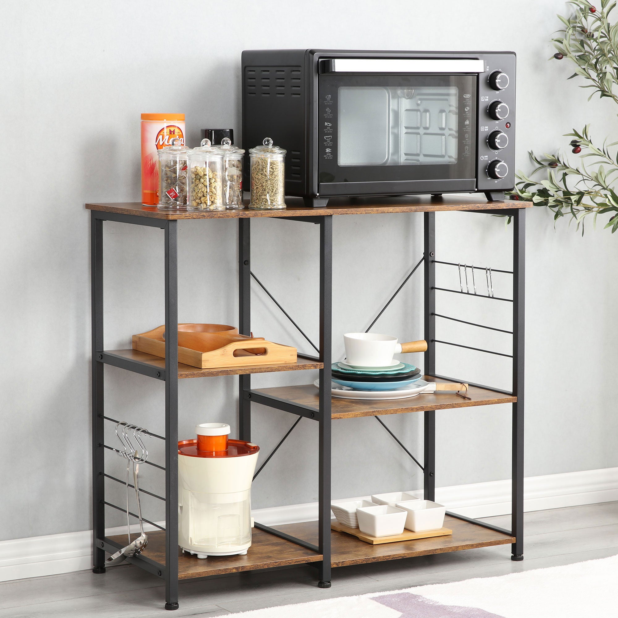 Somdot Baker's Rack 35.4 In Utility Double 3 Tier Microwave Stand, Rustic Brown - VMInnovations