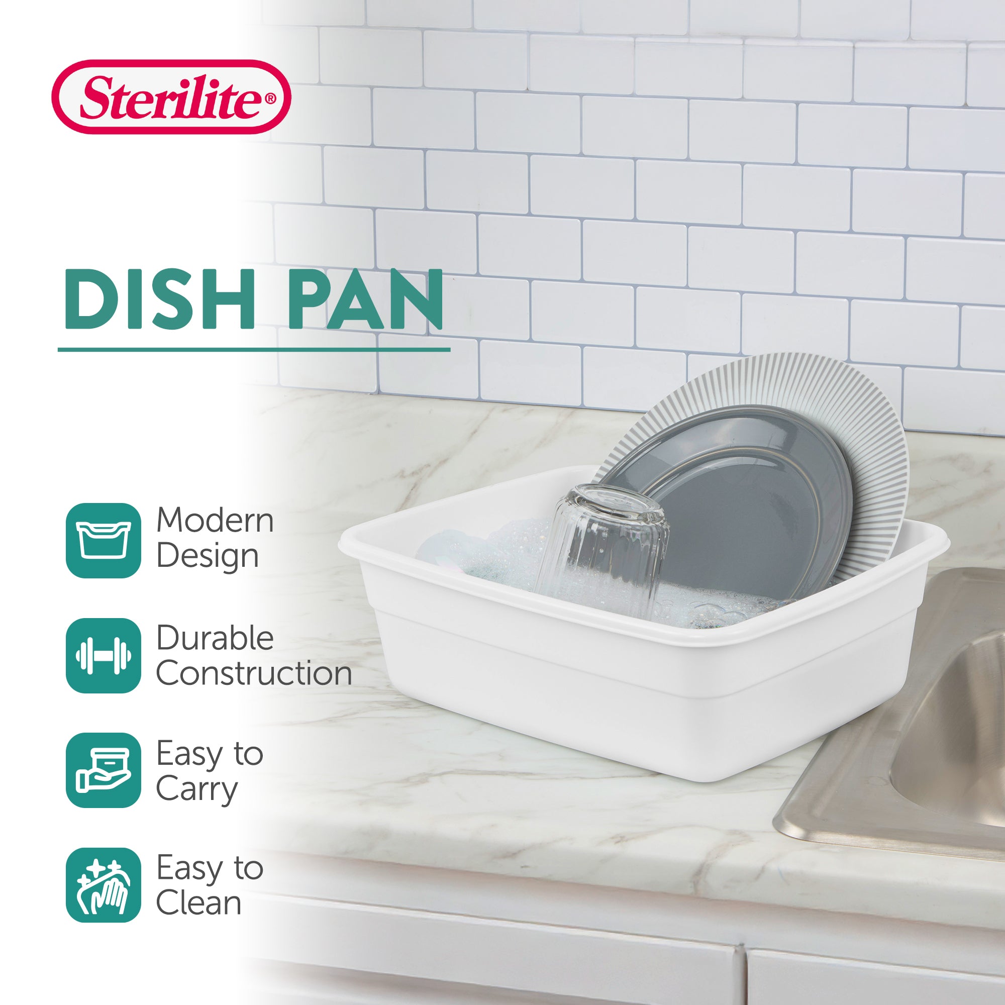 Sterilite Small Portable Rectangle Plastic 8 Qt Dish Pan Basin, White (36 Pack)