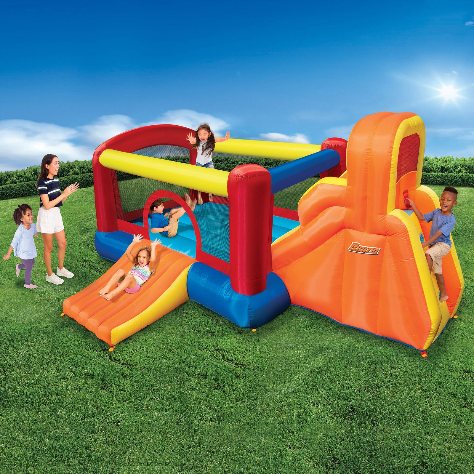 Banzai Double Slide Bouncer Inflatable Bounce House & Climbing Wall (Open Box) - VMInnovations