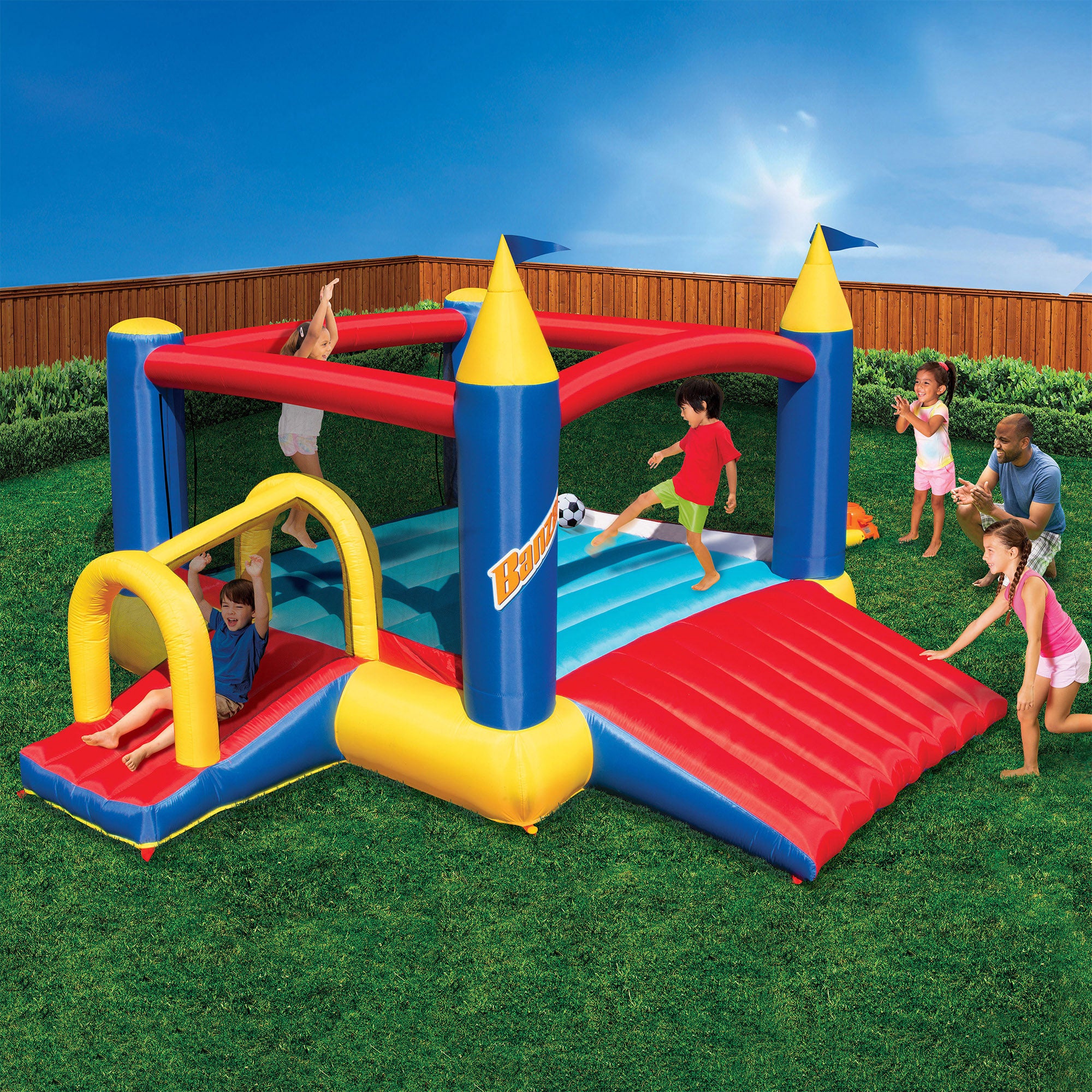 Banzai Slide N Fun Inflatable Slide and Bounce House w/ Soccer Net & Ball (Used) - VMInnovations