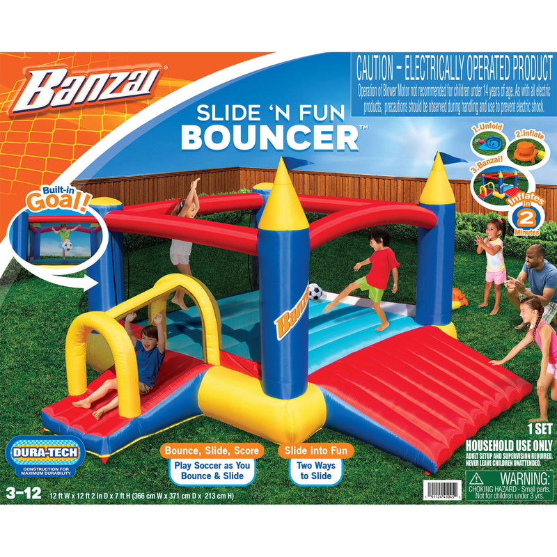 Banzai Slide N Fun Inflatable Slide and Bounce House with Soccer Net and Ball