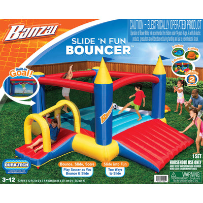 Banzai Slide N Fun Inflatable Slide and Bounce House w/ Soccer Net & Ball (Used) - VMInnovations