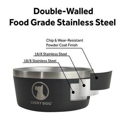 Lucky Dog INDULGE Double Wall Stainless Steel Dog Bowl, 12.5 Cup, 100 Oz, Black