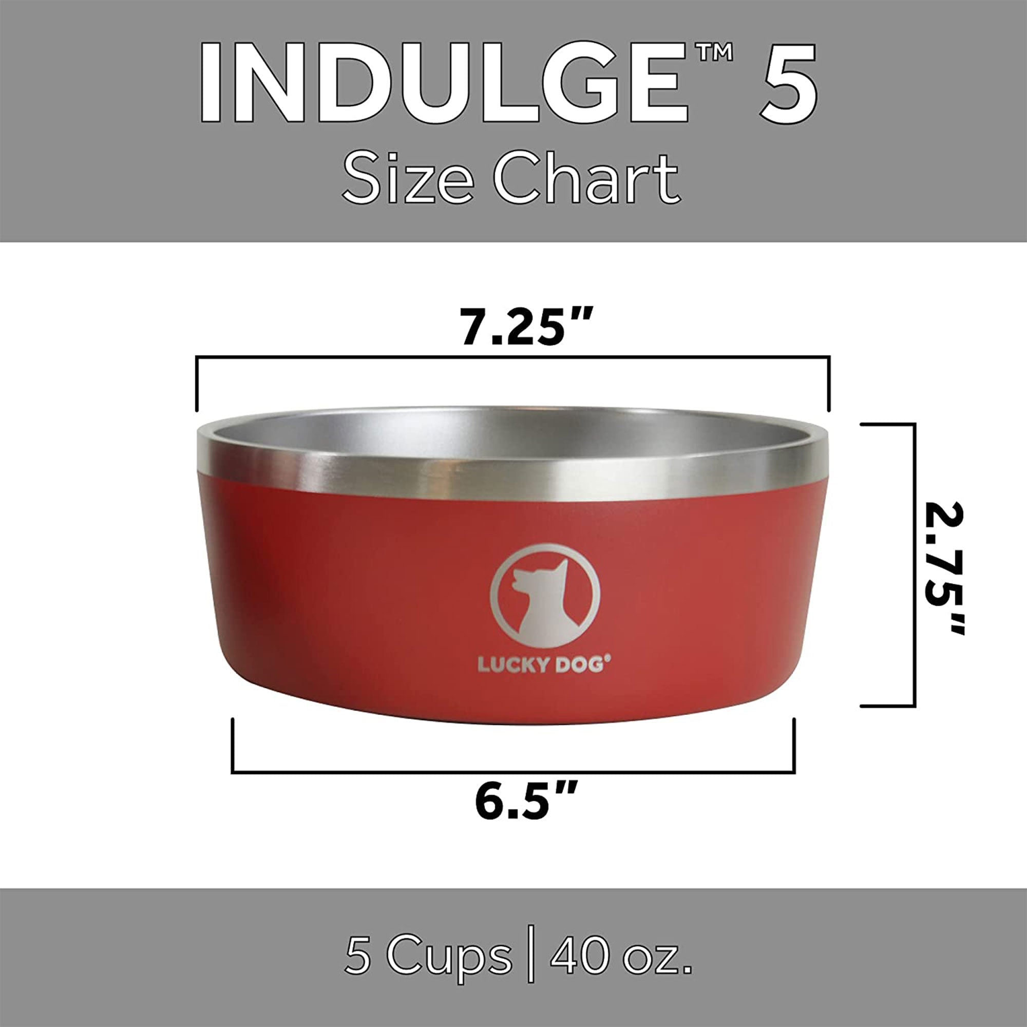 Lucky Dog INDULGE Double Wall Stainless Steel Dog Bowl, 5 Cup, 40 Ounce, Red