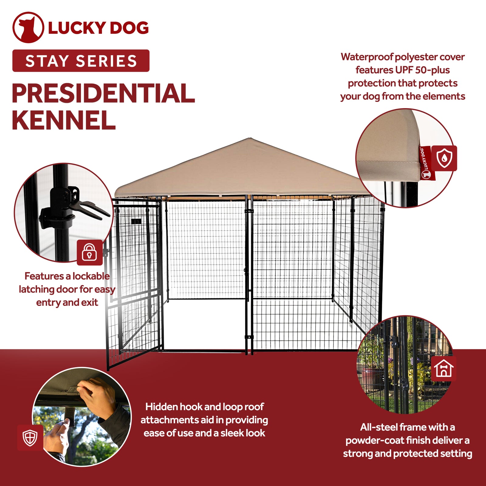 Lucky Dog STAY Series Presidential 10 x 10 x 6 Ft Steel Frame Dog Kennel, Khaki - VMInnovations