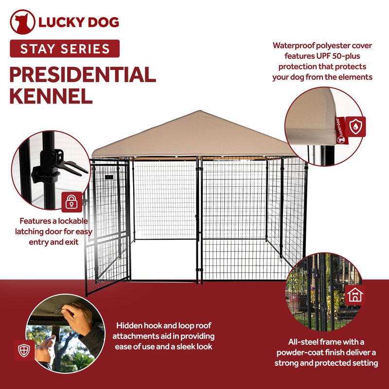 Lucky Dog STAY Series Presidential 10 x 10 x 6 Ft Steel Frame Dog Kennel, Khaki