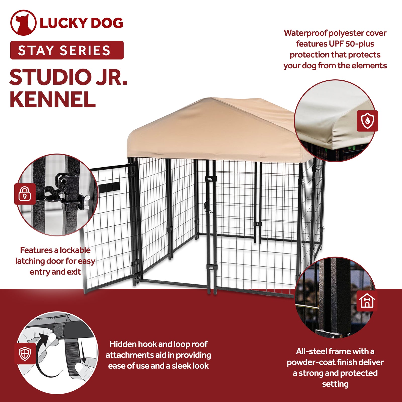 Lucky Dog STAY Series Studio Jr. 4x4x4.3 Ft Roofed Steel Frame Dog Kennel, Khaki - VMInnovations