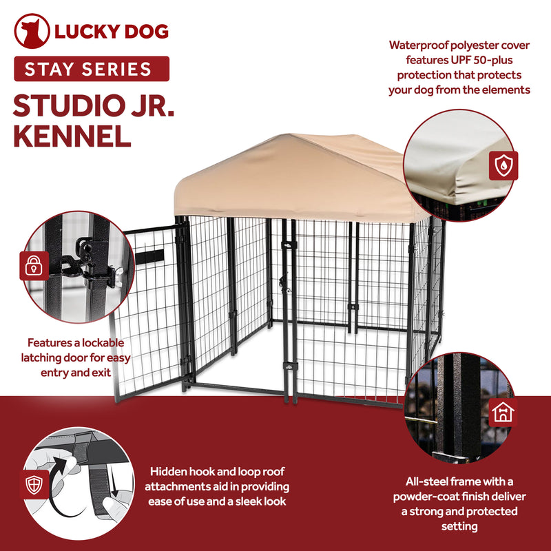 Lucky Dog STAY Series Studio Jr. 4x4x4.3 Ft Roofed Steel Frame Dog Kennel, Khaki