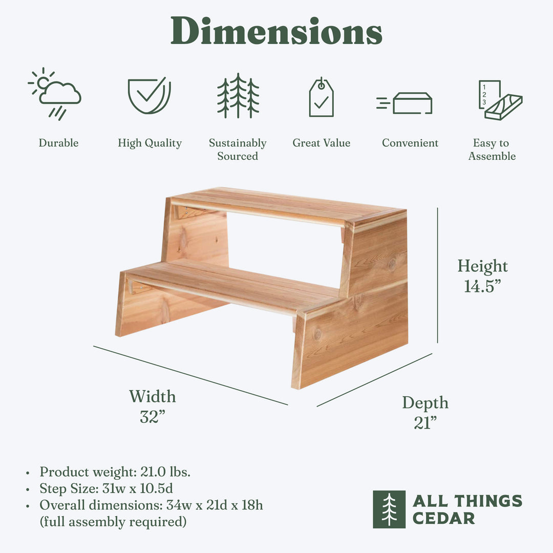 All Things Cedar Wooden 2 Tiered Step Stool for Outdoor Spas or Backyard Patios