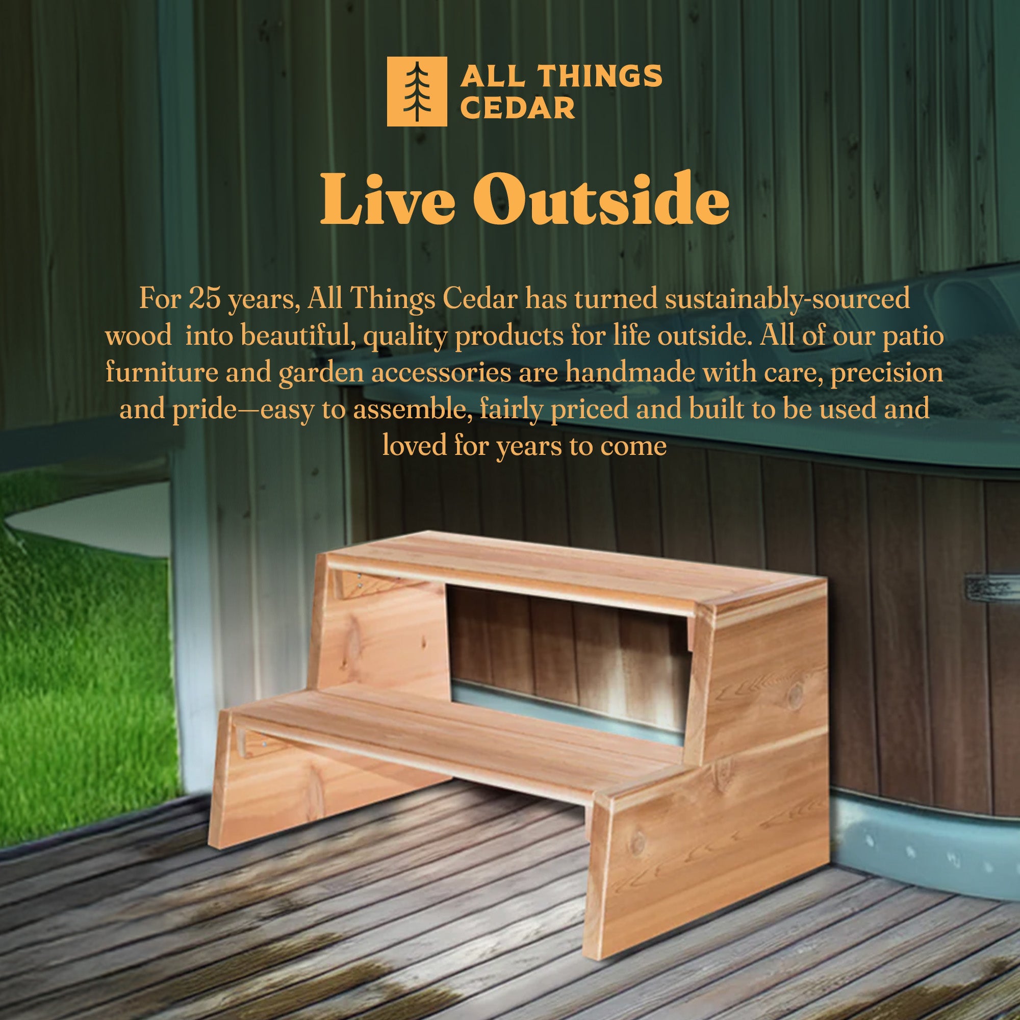 All Things Cedar Handcrafted 2 Tiered Western Red Spa Hot Tub Steps (Open Box) - VMInnovations