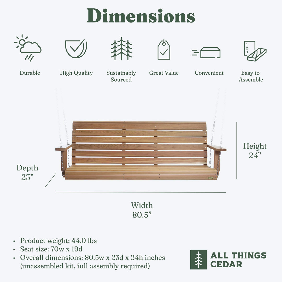 All Things Cedar 6 Foot Wooden Porch Swing Outdoor Patio Furniture, Natural