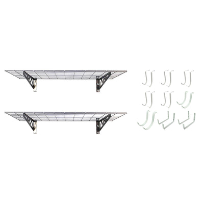 SafeRacks 18x48" Garage Shelf 2-Pack w/ Bike Hooks & 18ct Accessory Hook Package - VMInnovations