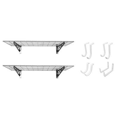 SafeRacks 18x48" Garage Shelf 2-Pack w/ Bike Hooks & 8ct Accessory Hook Package - VMInnovations