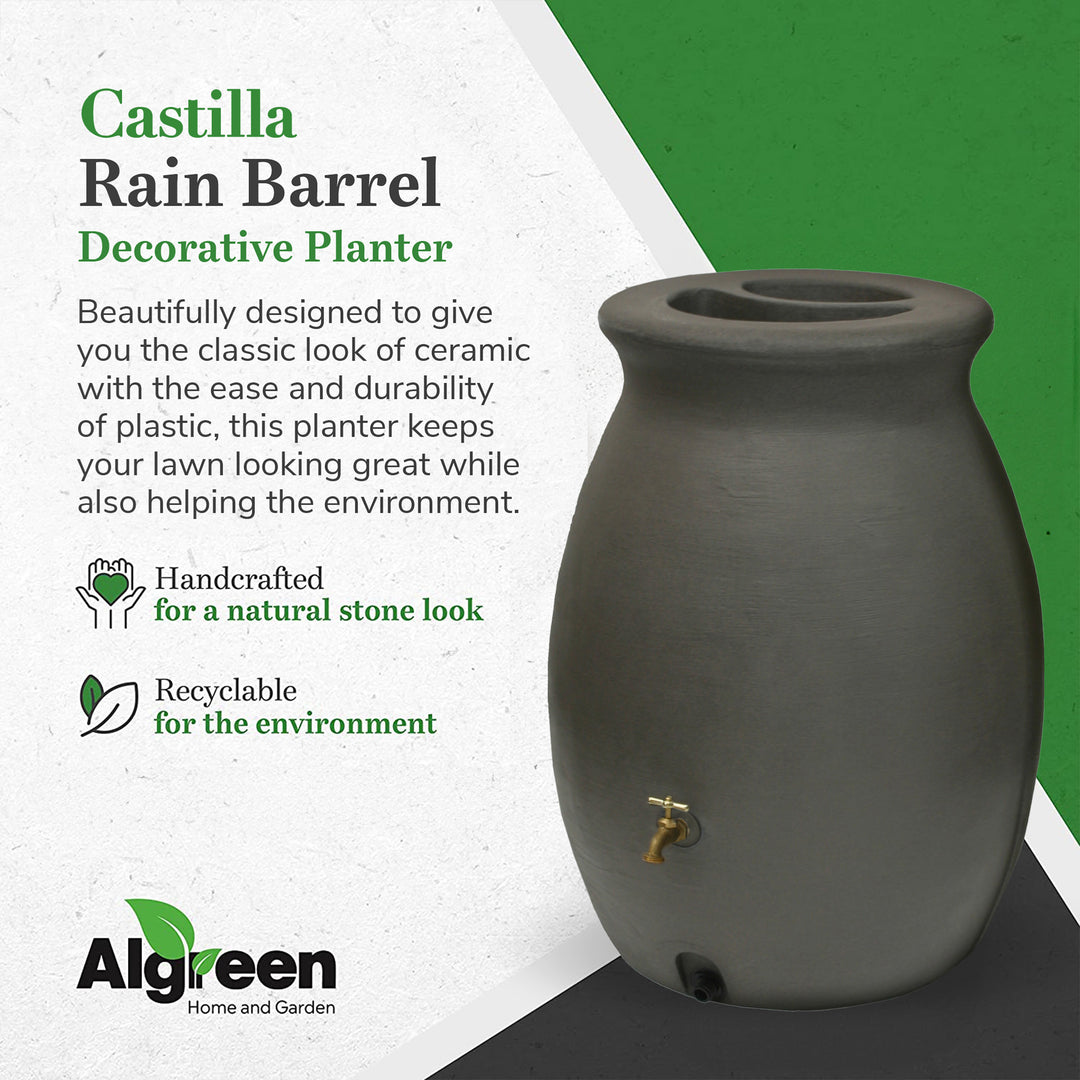 Algreen Castilla 50 Gallon Plastic Rain Water Collection Barrel, Brownstone