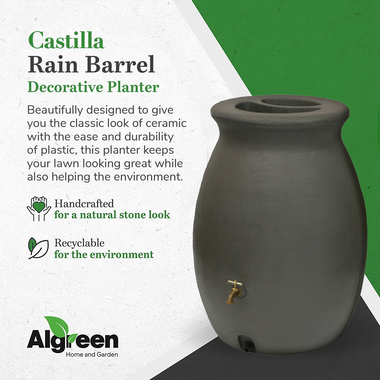 Algreen Castilla 50 Gallon Rain Water Collection Barrel, Brownstone (Open Box) - VMInnovations