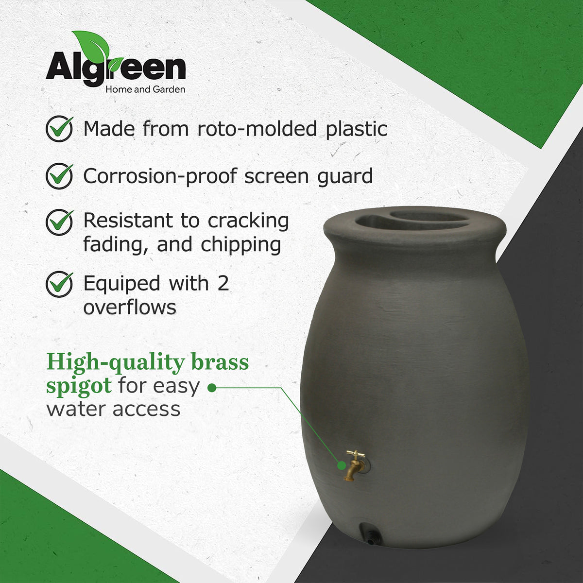 Algreen Castilla 50 Gallon Plastic Rain Water Barrel, Brownstone (Used)