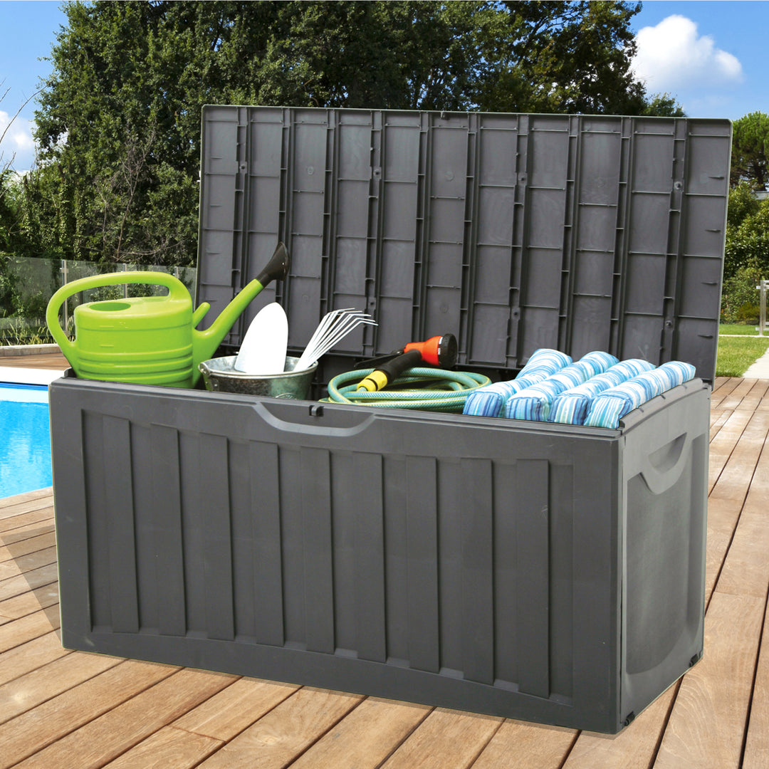 Ram Quality Products Plastic 90 Gal Outdoor Locking Storage Bin Deck Box, Gray