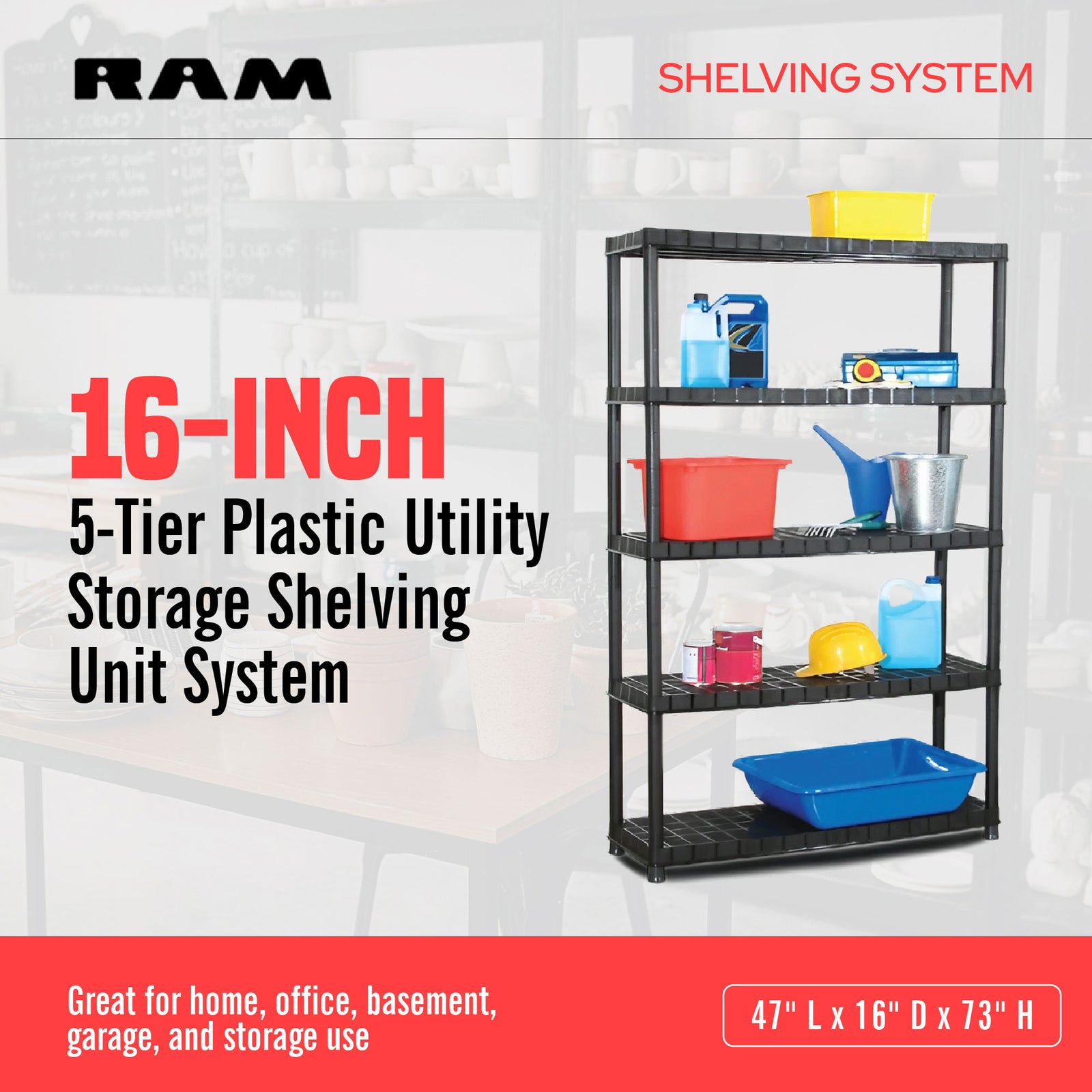 Ram Quality Products Extra 5 Tier Plastic Storage Shelf Unit for Garage, Black - VMInnovations